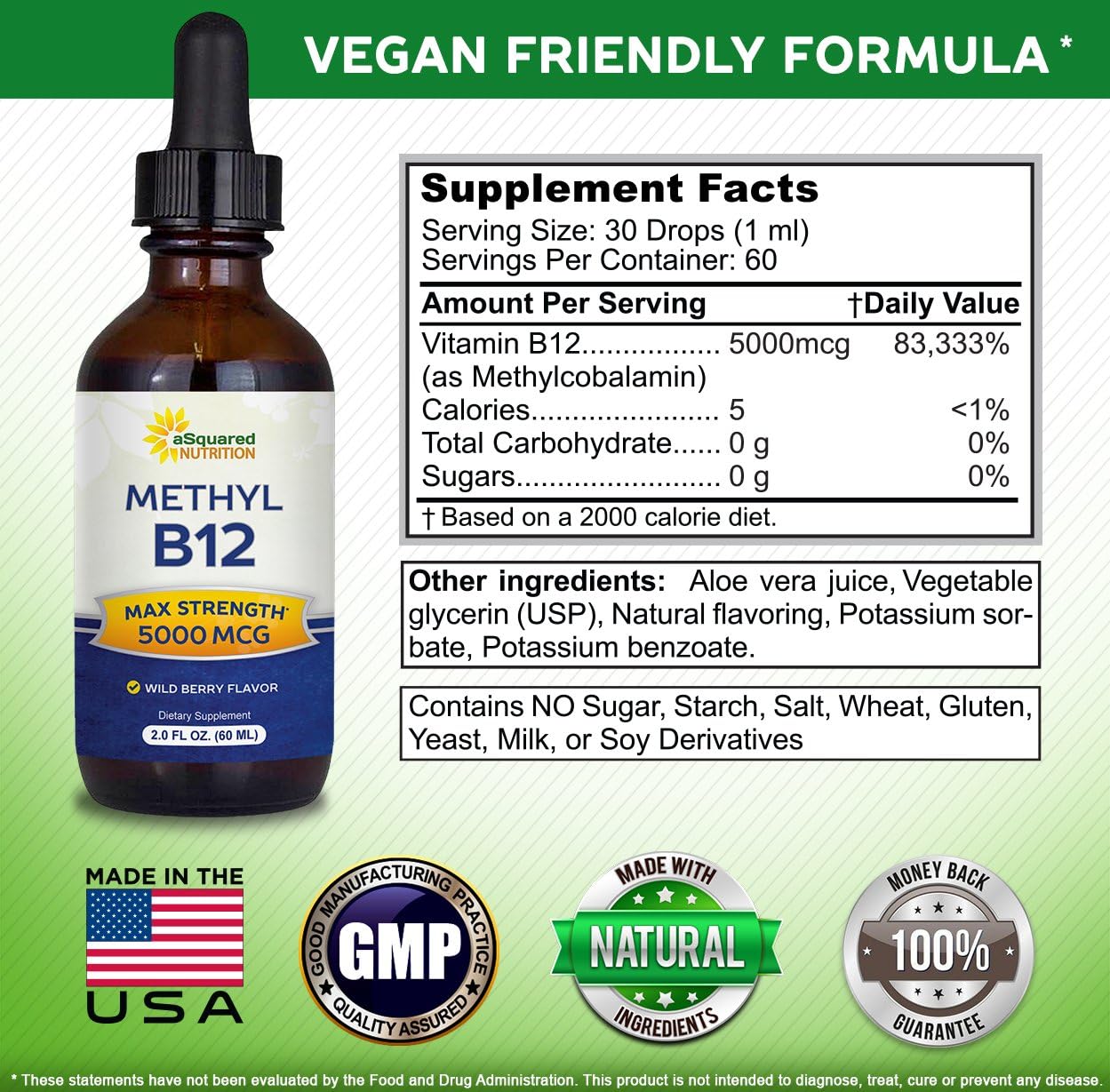 aSquared Nutrition Vitamin B12 Sublingual Liquid Drops - 5000 mcg Methylcobalamin - Wild Berry Flavour - 60 ml - görsel 4