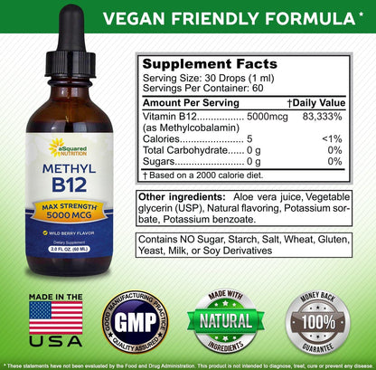 aSquared Nutrition Vitamin B12 Sublingual Liquid Drops - 5000 mcg Methylcobalamin - Wild Berry Flavour - 60 ml