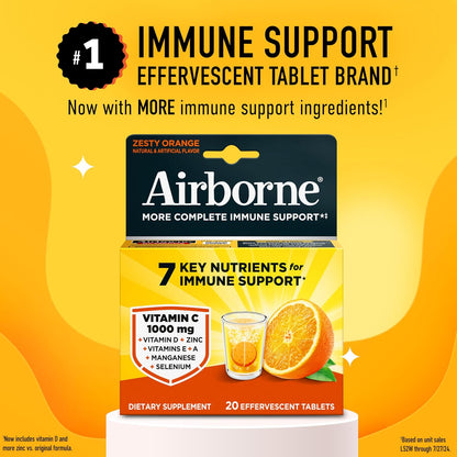 Airborne 1000mg Vitamin C with Zinc Effervescent Tablets, Food Supplement with Vitamins A, C, E & Zinc for Normal Immune Function - 20 Fizzy Drink Tablets, Tangy Orange Flavour
