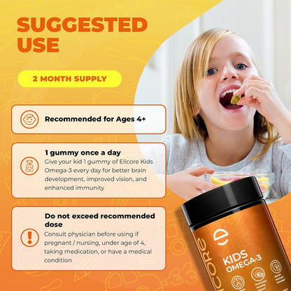 Premium Kids Omega-3 Gummies – Orange Flavour Fish Oil for Kids – Omega-3 Gummies for Children – No Fish Burps – Brain, Eye & Immune Support – 2 Month Supply