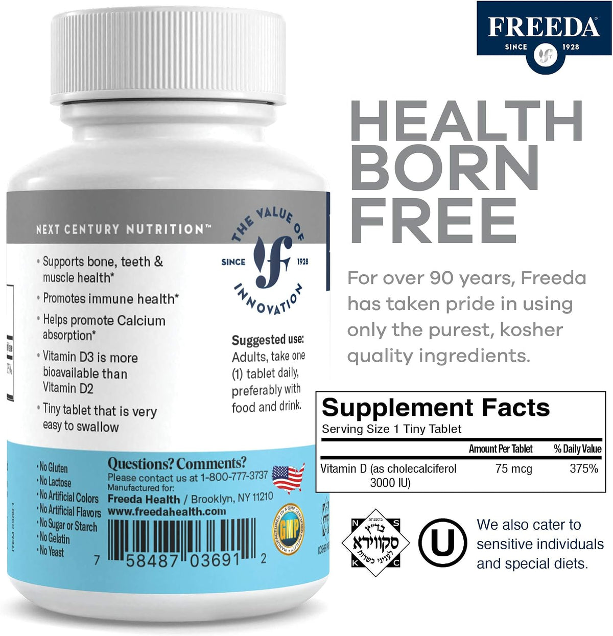 FREEDA Pure Vitamin D3 3000 IU – Higher Strength – Bone Health, Joint, Muscle & Immune Support – 75 mcg 3,000 IU Easy-to-Swallow Tiny Tablets (250 Tablets) - görsel 8