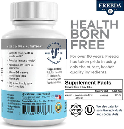 FREEDA Pure Vitamin D3 3000 IU – Higher Strength – Bone Health, Joint, Muscle & Immune Support – 75 mcg 3,000 IU Easy-to-Swallow Tiny Tablets (250 Tablets)