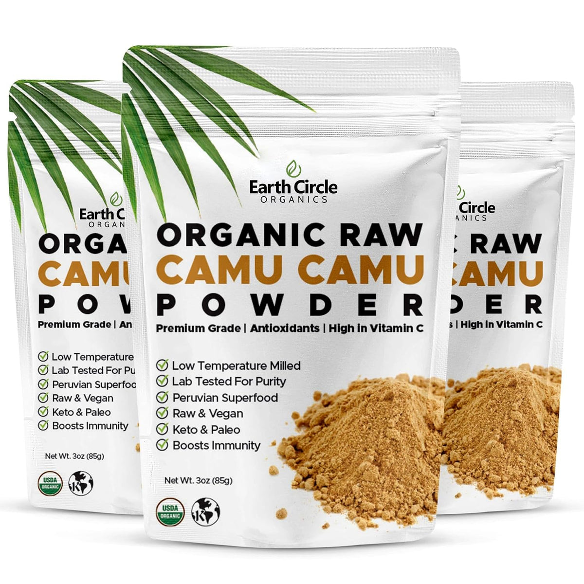 Earth Circle Organics Camu Camu Powder – Organic Raw Berry Powder with Natural Vitamin C & Antioxidants – Vegan, Kosher, Non-GMO Superfood – 85g (Pack of 3) - görsel 1