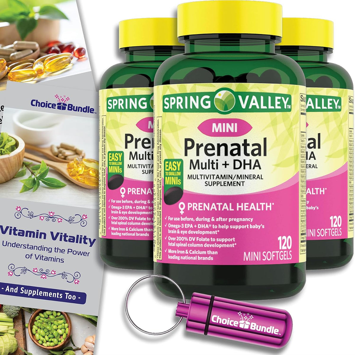 Choice Bundle Spring Valley Prenatal Multi + DHA Complete Multivitamin Multimineral Supplement Mini Soft gel capsules (360 Count Bundle with Vitamin Guide & Pill Organiser) - görsel 1