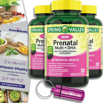 Choice Bundle Spring Valley Prenatal Multi + DHA Complete Multivitamin Multimineral Supplement Mini Soft gel capsules (360 Count Bundle with Vitamin Guide & Pill Organiser)