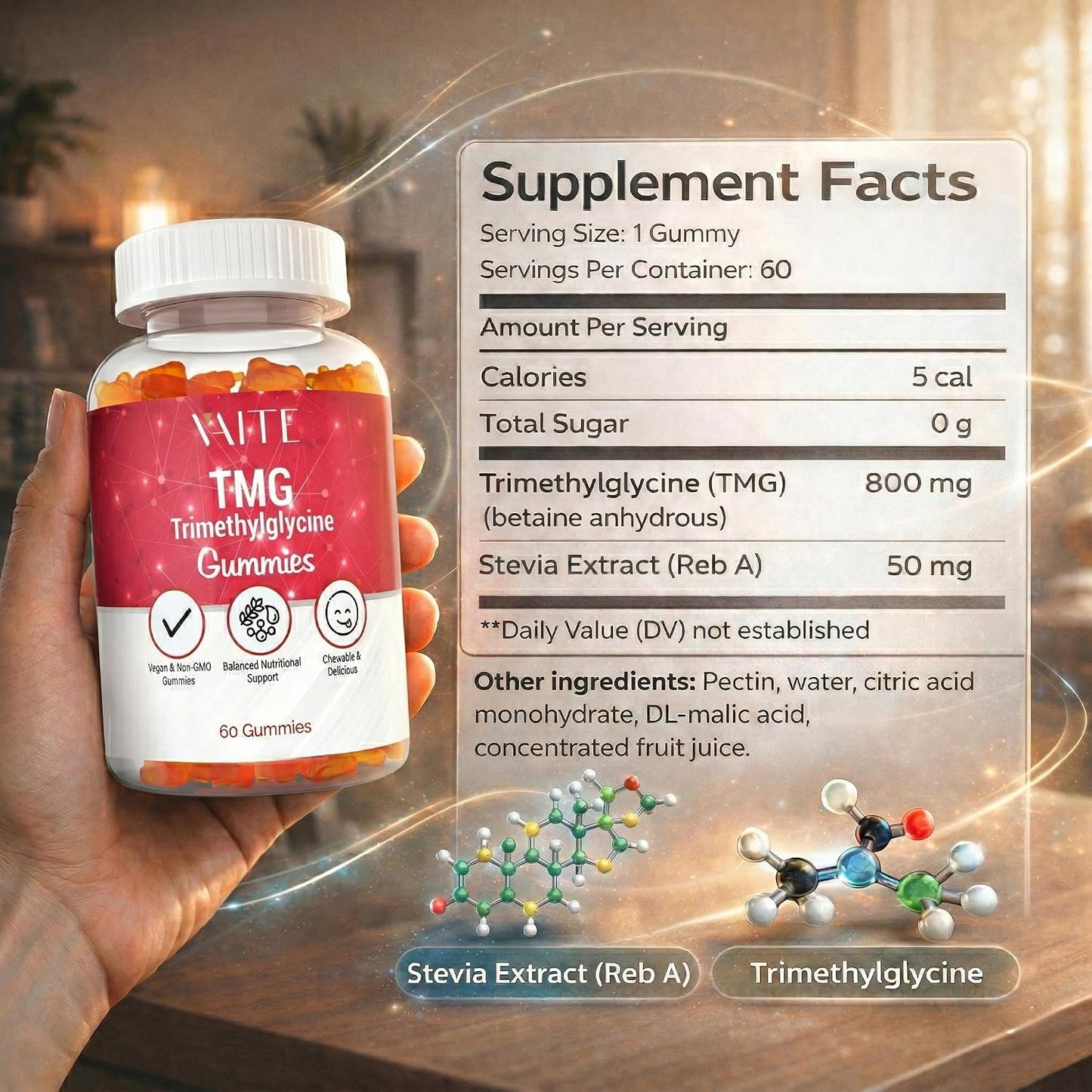 VAITE TMG Supplements – Trimethylglycine 800mg Gummies, Vegan Chewables for Energy Support - görsel 3