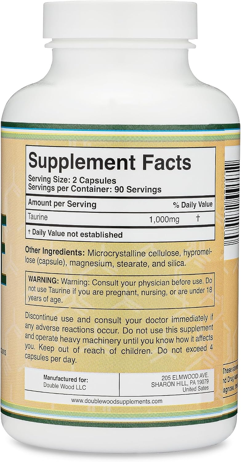 Taurine Supplement 1000mg Per Serving, 180 Capsules - Amino Acid for Daily Wellness (Taurina) Vegan, Gluten-free, Non-GMO by Double Wood - görsel 3