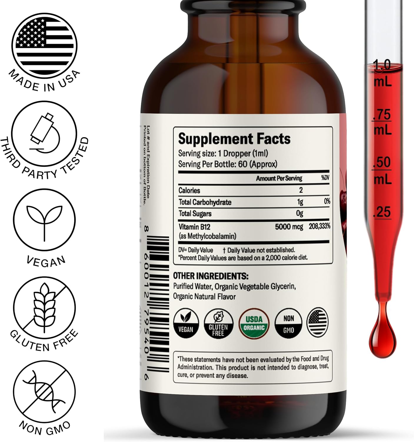 Nursh+ Boost Sublingual Vitamin B12 Liquid Drops – Extra Strength 5000 mcg Methylcobalamin, Fast Absorbing, USDA Certified Organic & Vegan, 60 ml - görsel 2