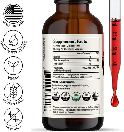 Nursh+ Boost Sublingual Vitamin B12 Liquid Drops – Extra Strength 5000 mcg Methylcobalamin, Fast Absorbing, USDA Certified Organic & Vegan, 60 ml
