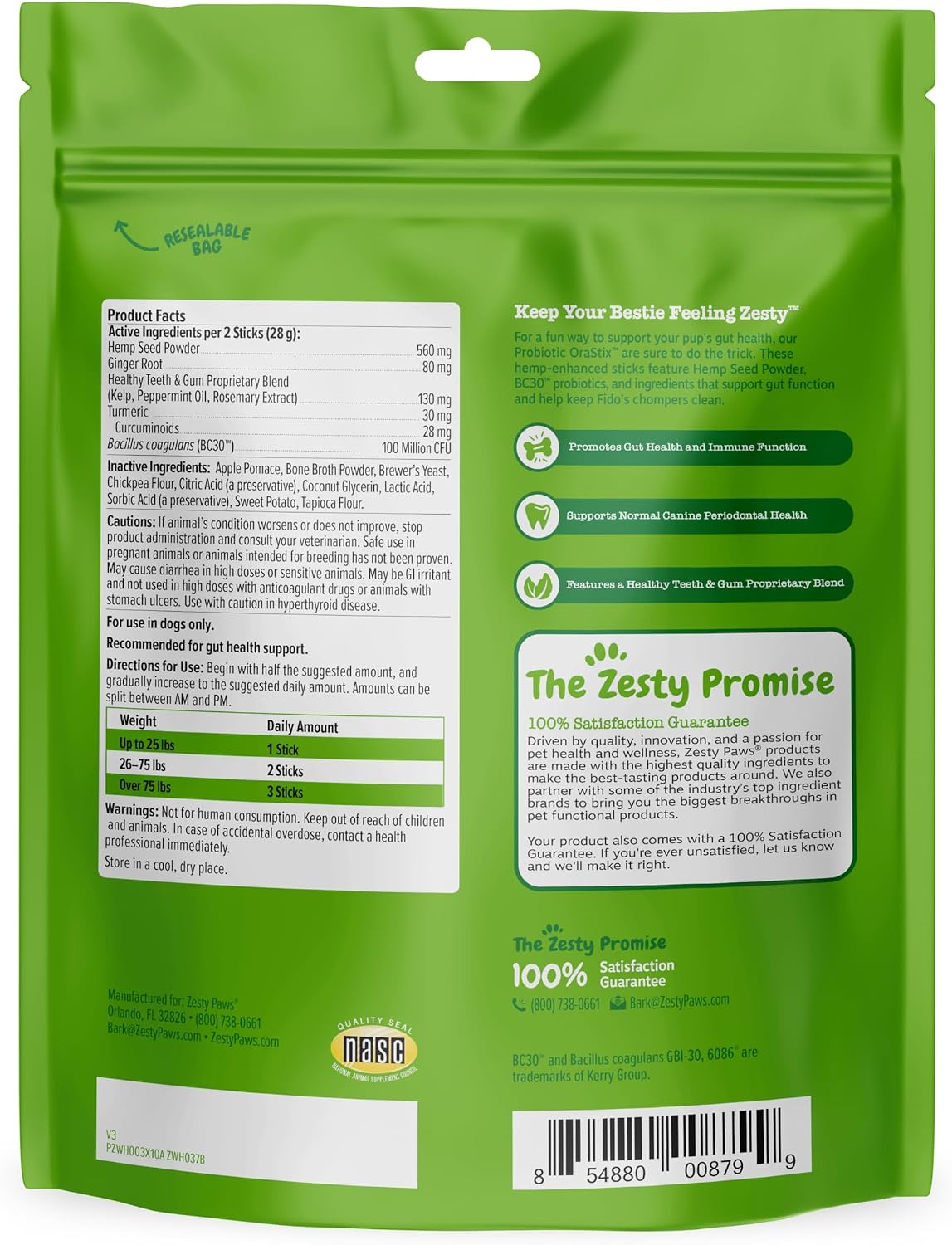 Zesty Paws OraStix for Dogs - Probiotic Sticks with Hemp Seed, Curcumin, Ginger Root, Taurine - Supports Gut Function, Immune System and Dental Health - 12oz - görsel 6