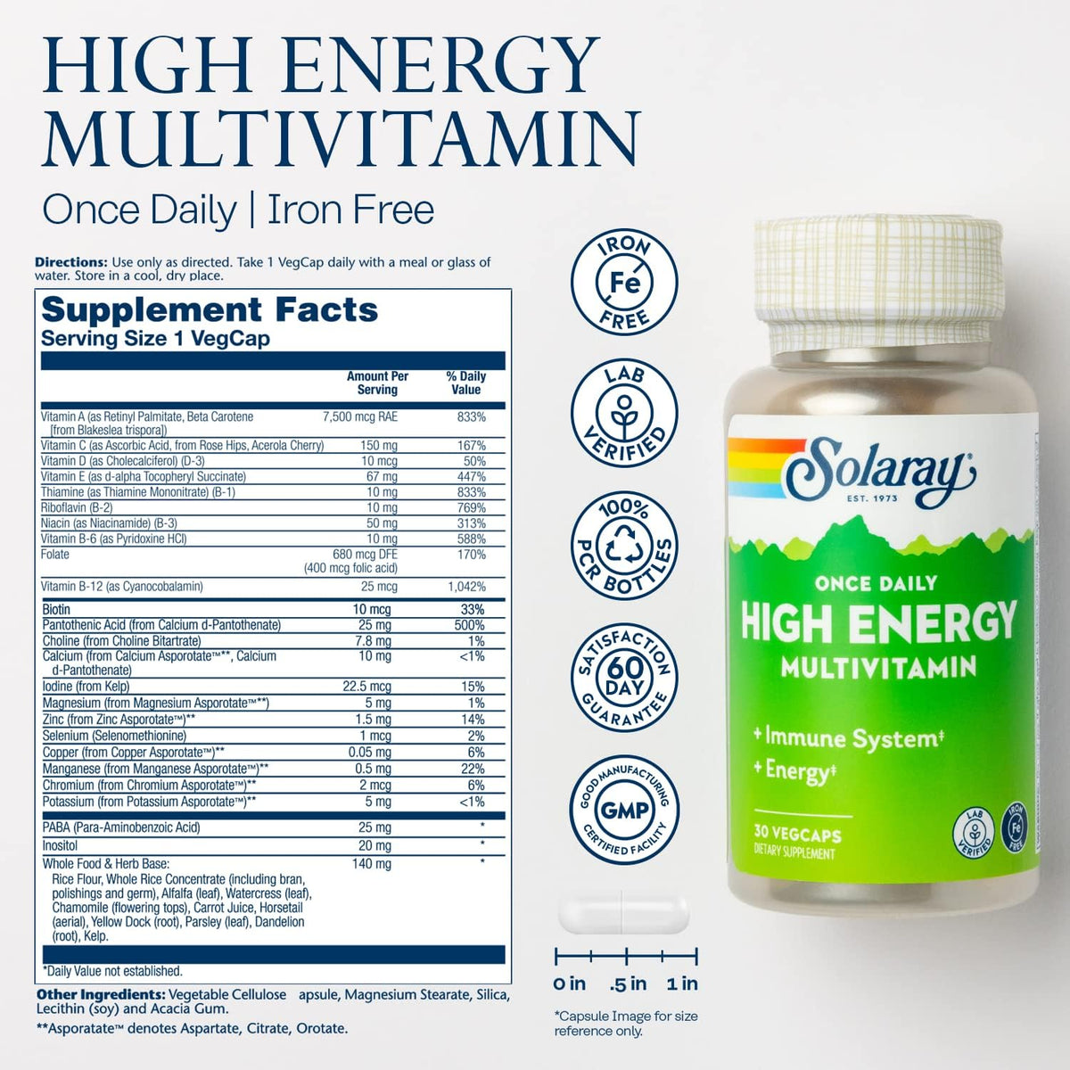 SOLARAY Once Daily High Energy Multivitamin – Vitamin C (from ascorbic acid and whole food sources): Contributes – Image 2