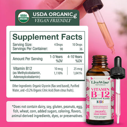 Live Wise Naturals Organic Vitamin B12 Liquid Drops for Kids, 11.8 ml