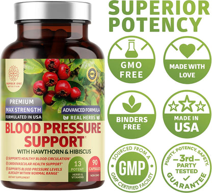 Premium Blood Pressure Support with Hawthorn and Hibiscus – 90 Capsules