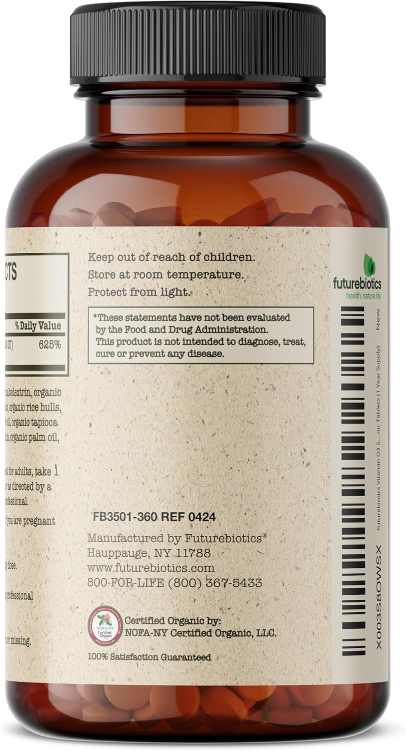 Futurebiotics Vitamin D3 5,000 IU (125 mcg), USDA Certified Organic Vitamin D Supplement, 360 Tablets - görsel 5