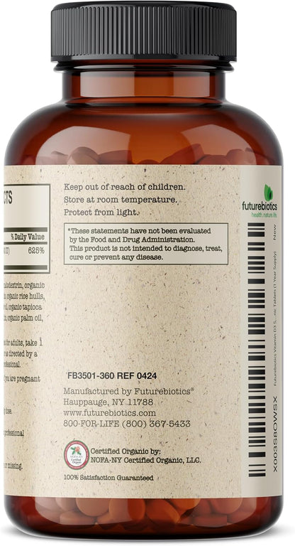 Futurebiotics Vitamin D3 5,000 IU (125 mcg), USDA Certified Organic Vitamin D Supplement, 360 Tablets