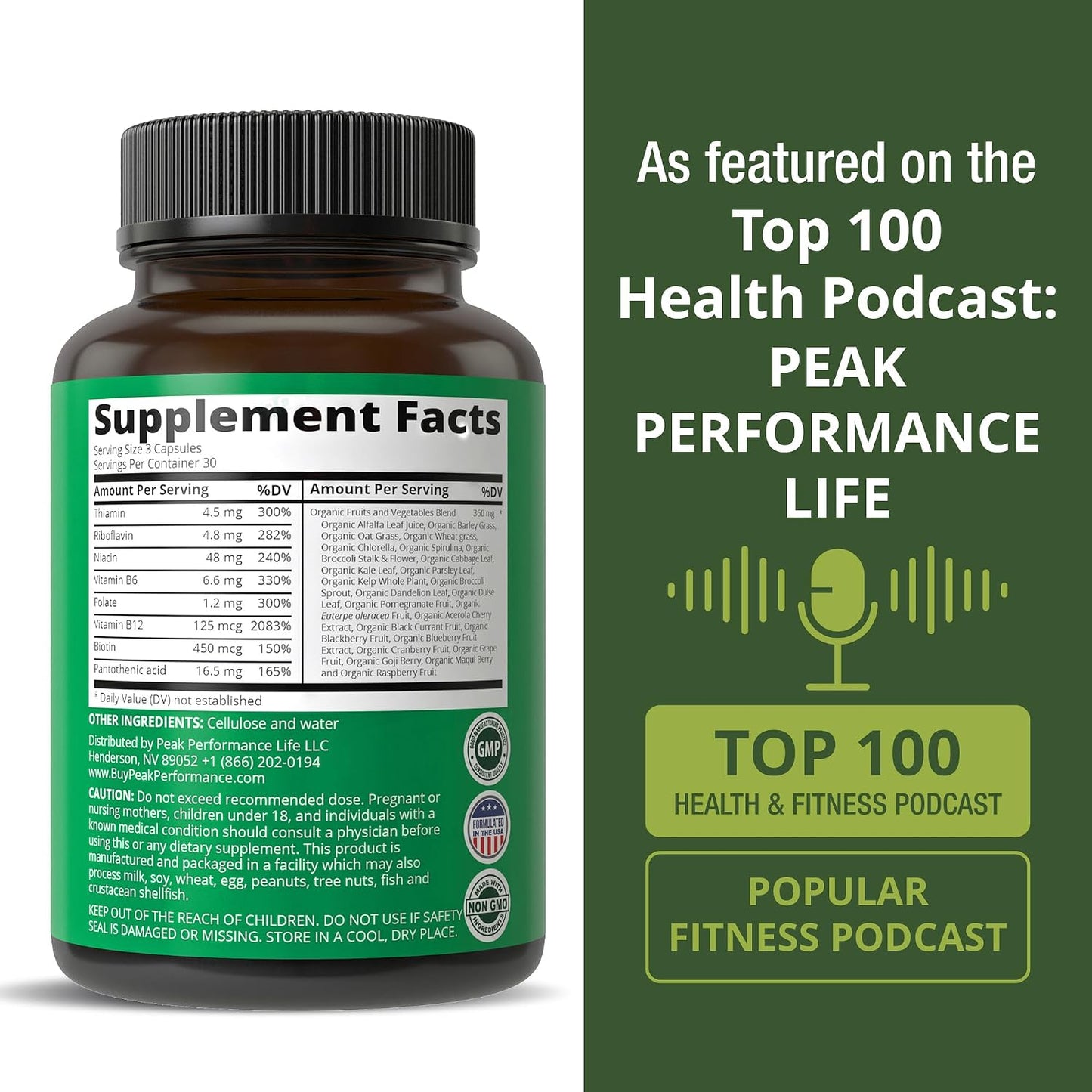 Peak Performance Vitamin B Complex – Whole Food Blend with 25 Fruits and Vegetables, 90 Capsules - görsel 6