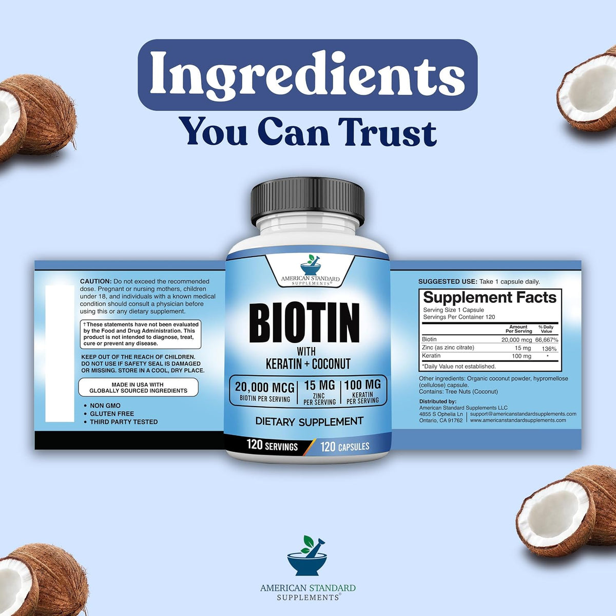 American Standard Supplements Biotin 20,000mcg with Keratin, Coconut & Zinc - 120 Veggie Capsules - görsel 9
