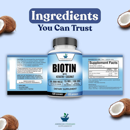 American Standard Supplements Biotin 20,000mcg with Keratin, Coconut & Zinc - 120 Veggie Capsules