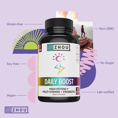 Zhou Daily Boost – Probiotic Multivitamin for Women and Men, for Immune Support and Energy | 30 Vegetarian Capsules