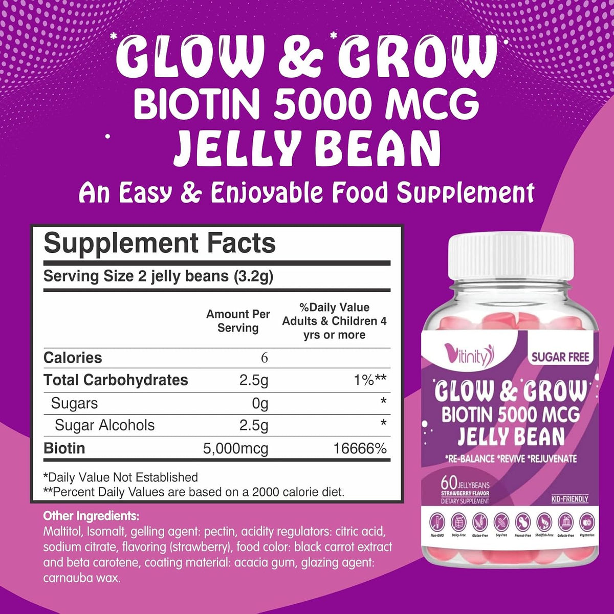 VITINITY Biotin 5000mcg Extra Strength Vegetarian Sugar-Free Supplement – Supports Healthier Hair & Skin – 60 Veggie Jelly Beans (30-Day Supply) - görsel 2