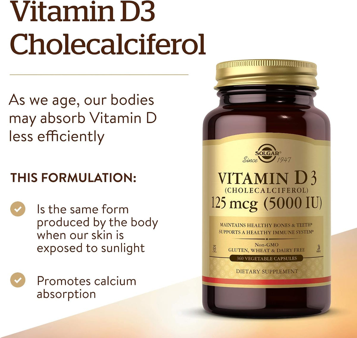 Solgar Vitamin D3 (Cholecalciferol) 125 mcg (5000 IU), 360 Vegetable Capsules - görsel 2