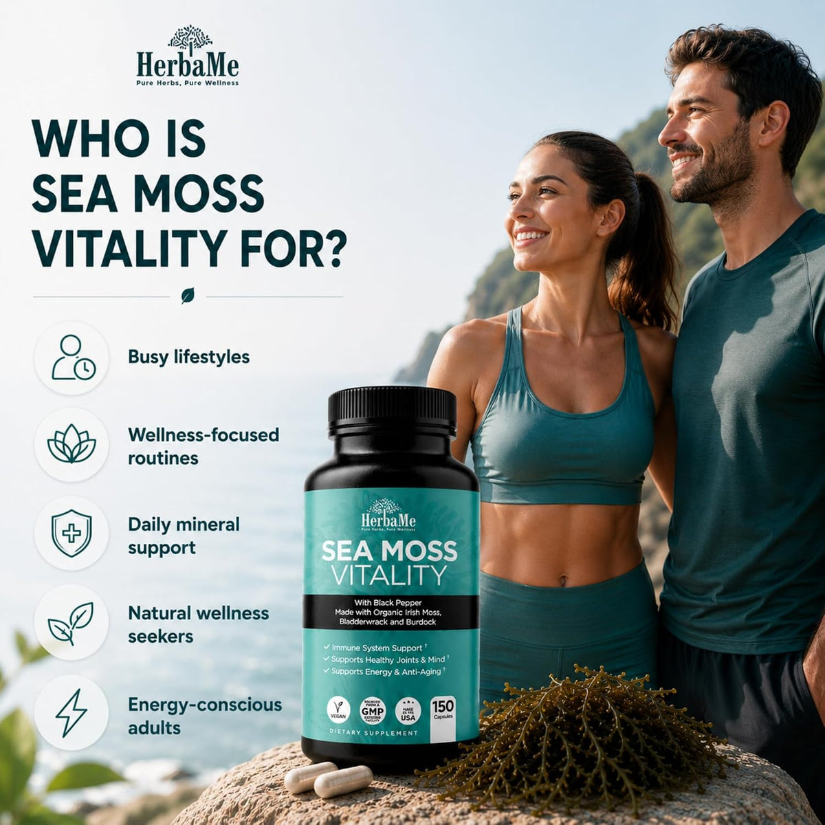 Organic Sea Moss Supplement with Bladderwrack & Burdock Root – Irish Moss with Black Pepper Extract, Daily Mineral Support for Energy & Wellness, 150 Capsules - görsel 4