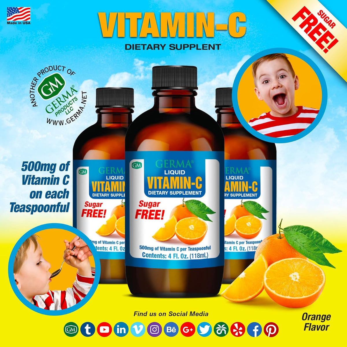 Germa Sugar-Free Liquid Vitamin C 500 mg - Fast Absorption Food Supplement - Immune Support - 118 ml - görsel 4