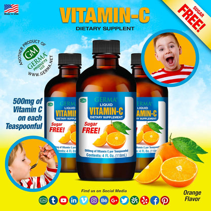 Germa Sugar-Free Liquid Vitamin C 500 mg - Fast Absorption Food Supplement - Immune Support - 118 ml