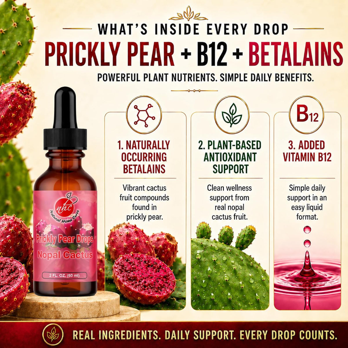 Prickly Pear Drops with Vitamin B12 - Nopal Cactus Fruit Concentrate, Liquid Supplement with Betalains & Plant Nutrients, 3 Bottles (180 Servings) - görsel 3