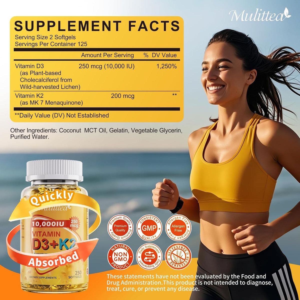 Mulittea Plant-Based Vitamin D3 & K2 10,000 IU with Coconut MCT Oil - 250 Soft gel capsules - görsel 6