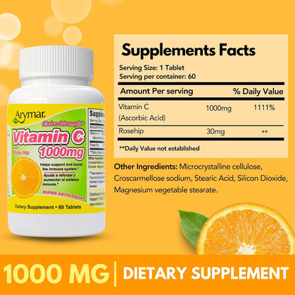 Arymar Vitamin C 1000 mg with Rosehip Extract 30 mg - High Strength Vitamin Supplement - 60 Tablets