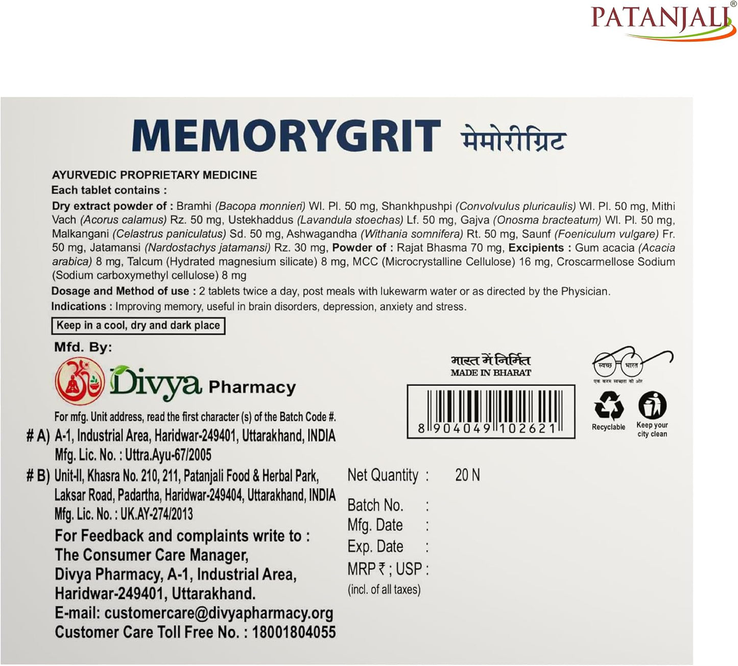 Patanjali Divya Memorygrit – Ayurvedic Food Supplement for Memory, Focus and Brain Health (20 Tablets) - görsel 7