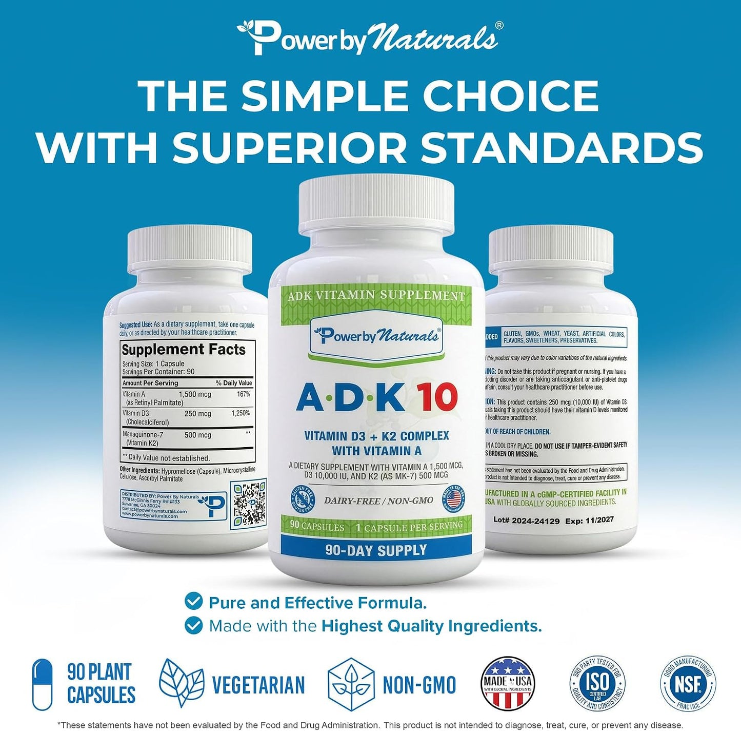 Power By Naturals ADK 10 Food Supplement - Vitamins A, D3 & K2 MK-7 - 90 Capsules - görsel 6
