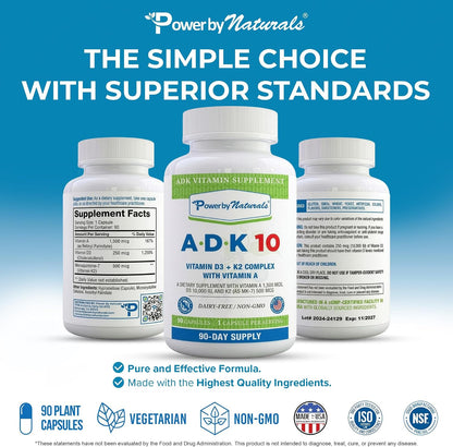 Power By Naturals ADK 10 Food Supplement - Vitamins A, D3 & K2 MK-7 - 90 Capsules