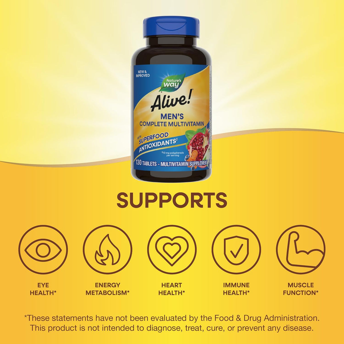 Nature's Way Alive! Men's Complete Daily Multivitamin, Supports Energy Metabolism & Muscle Function, with B Vitamins, Gluten-free, 130 Tablets - görsel 4