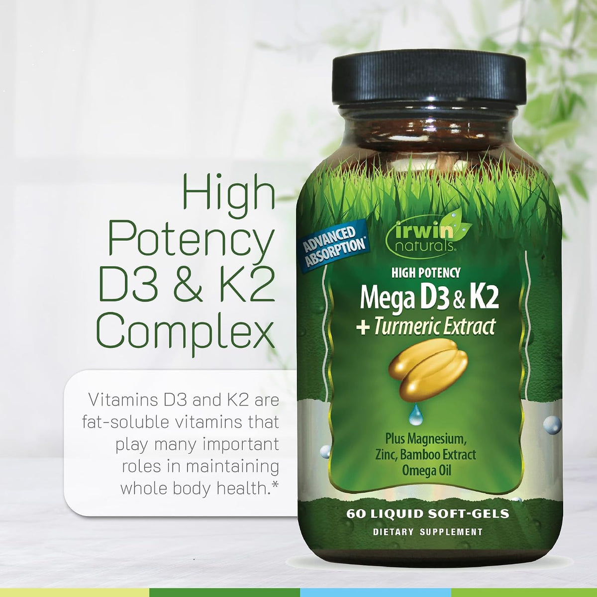 Irwin Naturals Mega D3 & K2 + Turmeric Extract | High Potency Complex | Bone & Immune Support | 60 Liquid Soft-Gels - görsel 5