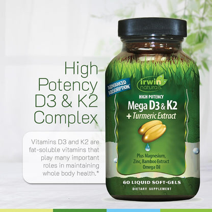 Irwin Naturals Mega D3 & K2 + Turmeric Extract | High Potency Complex | Bone & Immune Support | 60 Liquid Soft-Gels