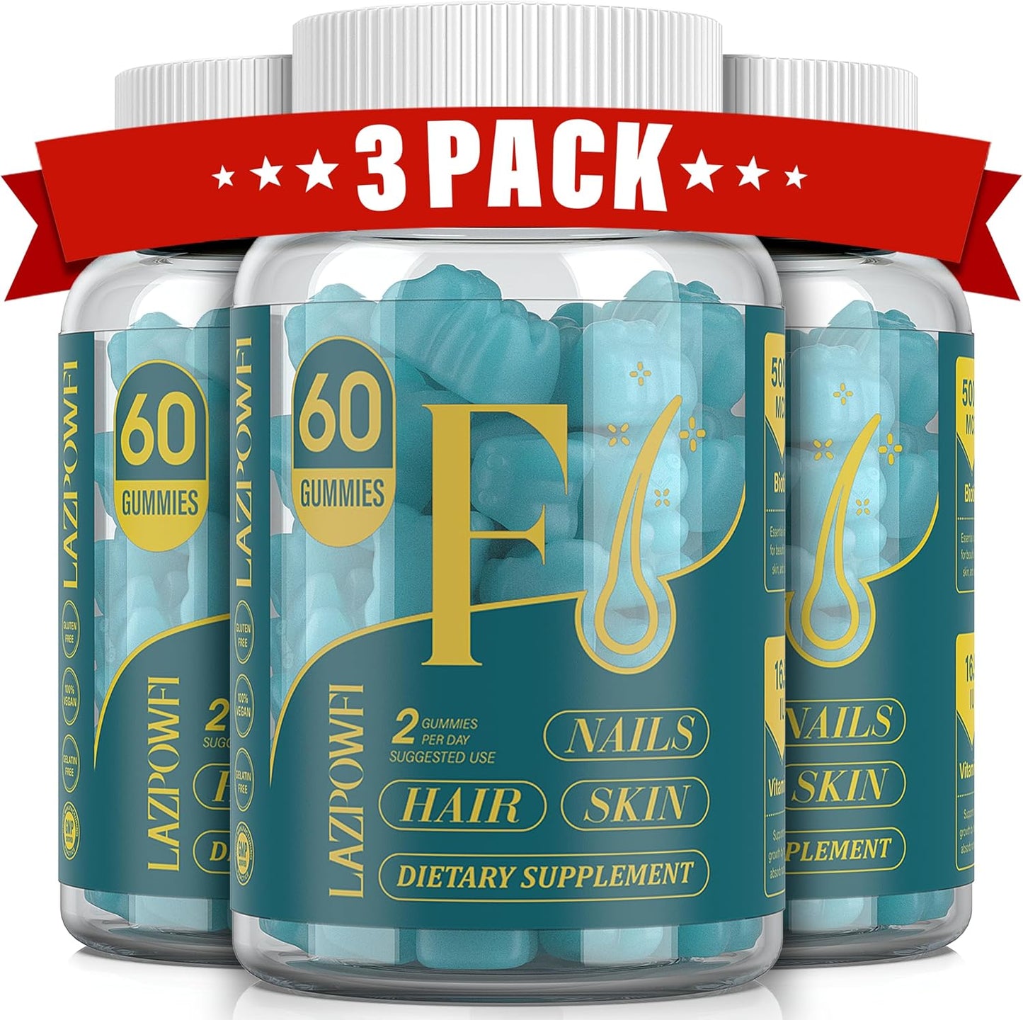 Lazpowfi Biotin Gummies - Hair, Skin and Nails Vitamins for Men & Women, Vegan Vitamin B7, Supports Normal Hair and Nails, 90 Day Supply - Blueberry - 3 Pack - görsel 1