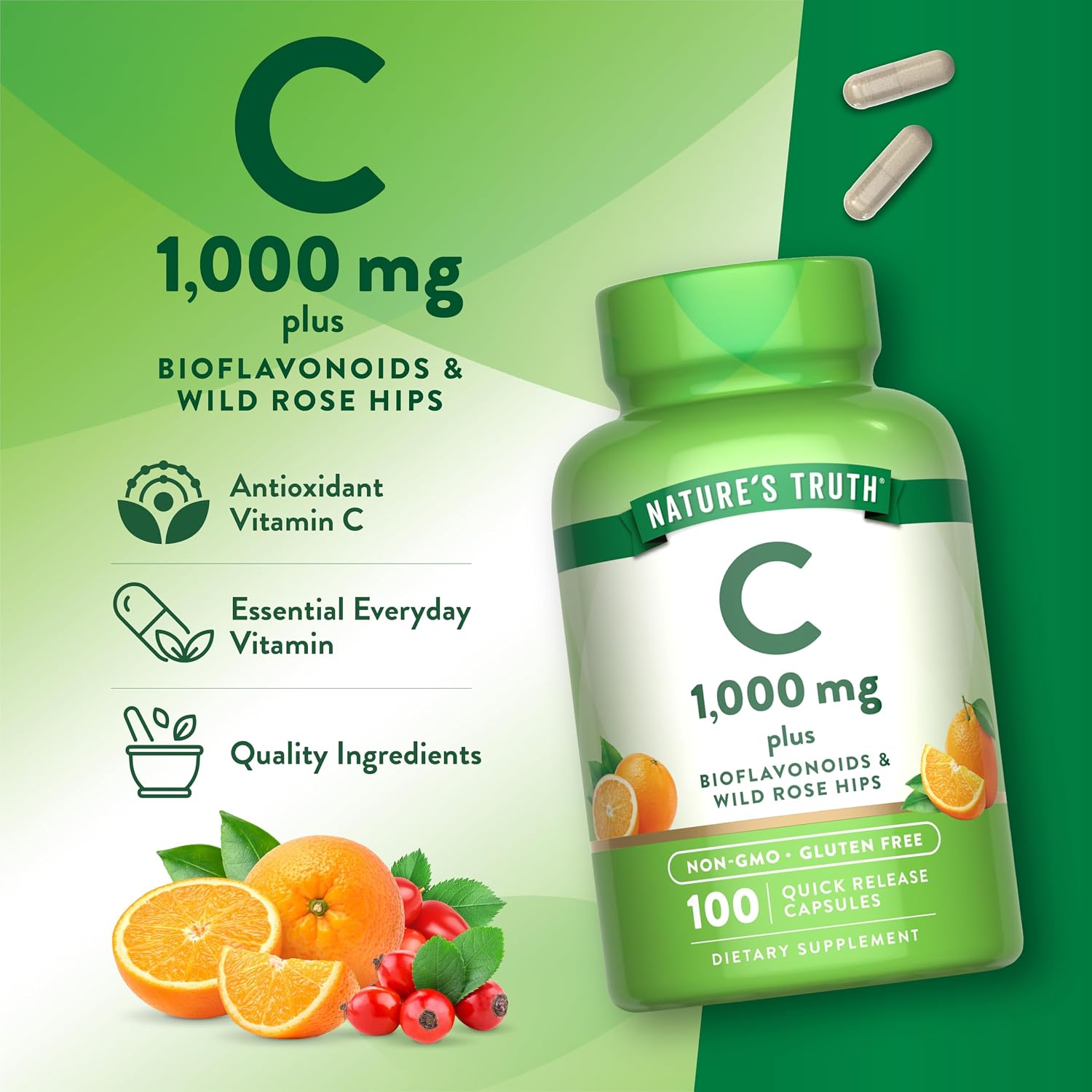 Nature's Truth Vitamin C 1000mg with Wild Rose Hips & Bioflavonoids – 100 Capsules - görsel 5