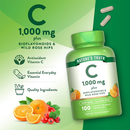 Nature's Truth Vitamin C 1000mg with Wild Rose Hips & Bioflavonoids – 100 Capsules
