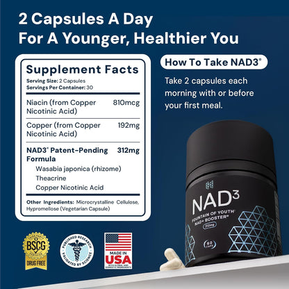 HPN NAD3 Clinical NAD+ Booster – Cellular Health & Natural Energy Supplement, 60 Capsules