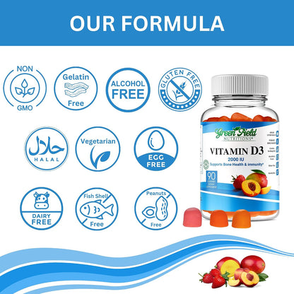 Greenfield Nutritions Halal Vitamin D3 Gummies for Adults – 2000 IU (50 µg), 90 Gummies – Non-GMO, Gluten-free, Gelatine Free, Vegetarian – Supports Bone, Heart and Immune Health