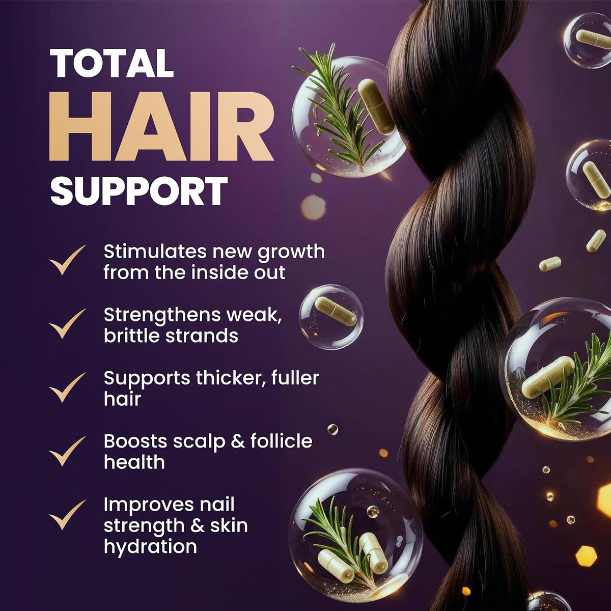 Biotin Hair Growth Supplement with Collagen, Keratin and Probiotics – Hair Growth Support, Skin & Nails Supplement for Men and Women – Made in USA (1 Pack) - görsel 2