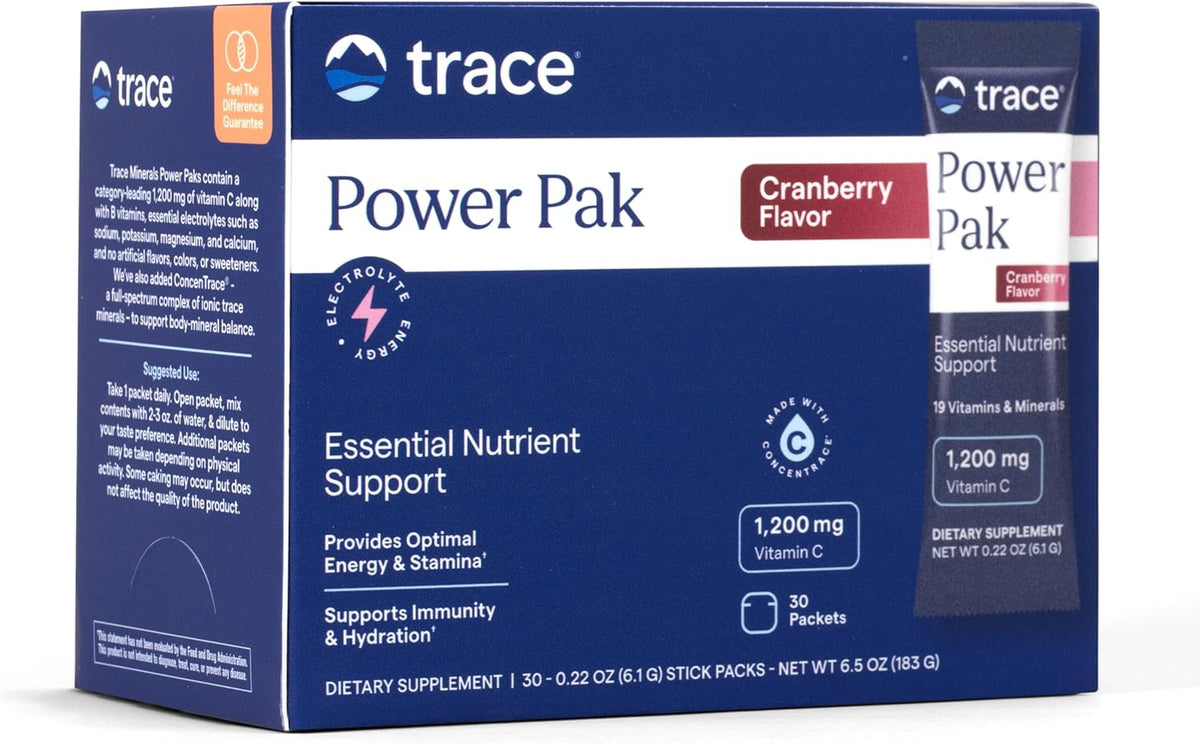 Trace Minerals Power Pak Multivitamin and Electrolyte Sachets - 1200 mg Vitamin C with 70+ Trace Minerals - Cranberry Flavour - 30 Sachets - görsel 1