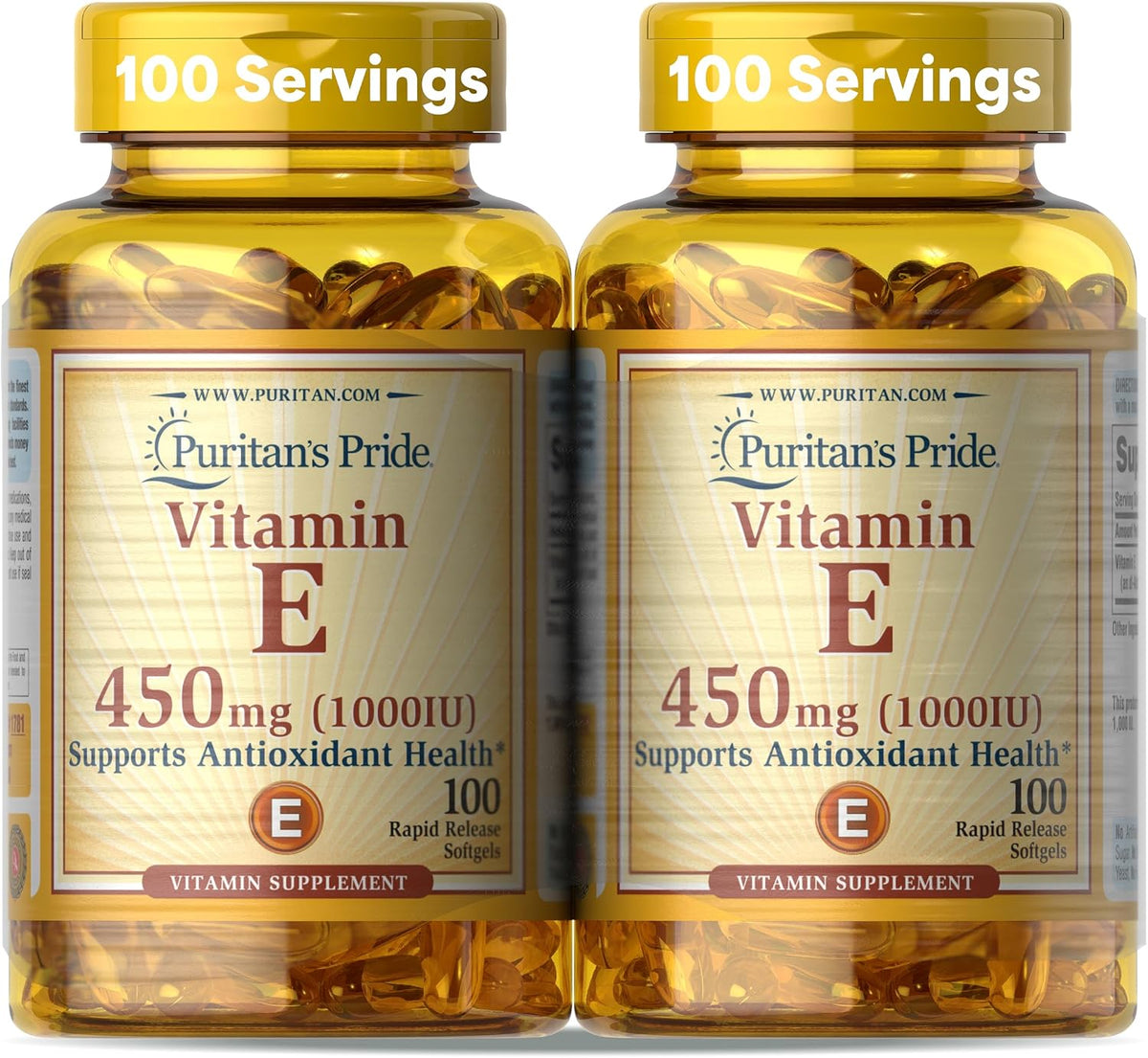 Puritan's Pride Vitamin E 450 mg (10,000 IU), Food Supplement for Normal Immune Function and Antioxidant Protection, 100 Rapid Release Softgels, Pack of 2 - görsel 1