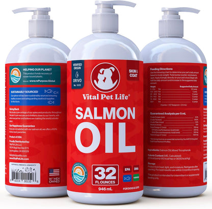 Salmon Oil for Dogs and Cats - Healthy Skin and Coat, Soft Shiny Glossy Coat, Fish Oil Omega 3 EPA DHA, Immune System and Heart Function Support, Normal Shedding, Liquid Supplement for Pets, 946 ml