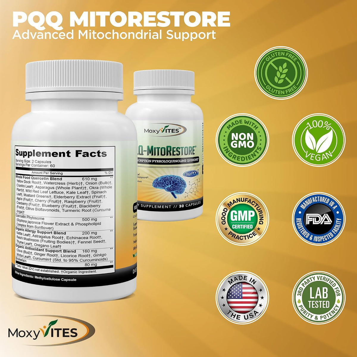MoxyVites PQQ MITORESTORE Brain Food Supplement - Mitochondria Support with BioPQQ 20mg - 30 Vegan Capsules, Non-GMO - görsel 6