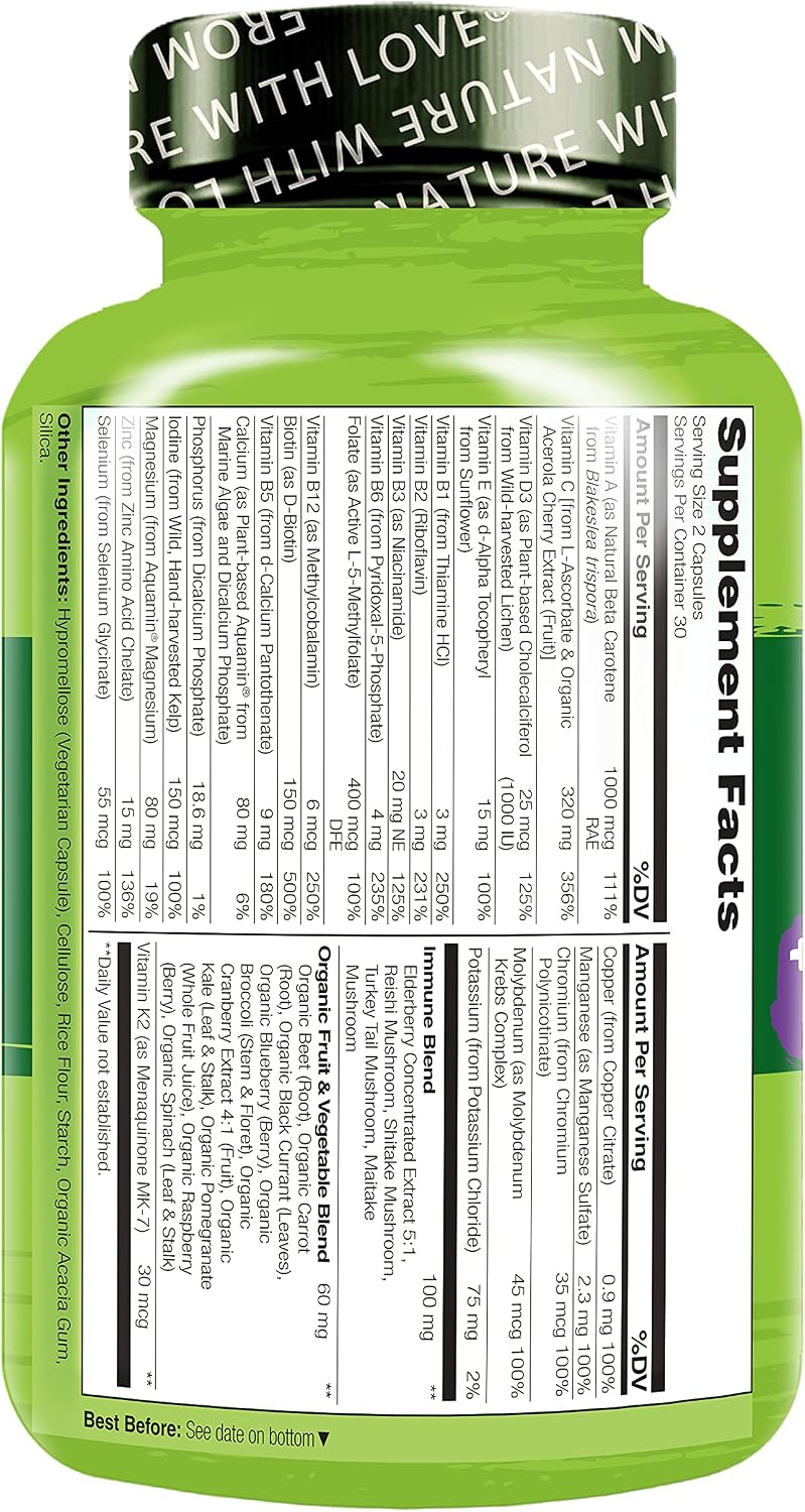 NATURELO Whole Food Multivitamin + Immune Blend with Elderberry & Mushrooms - Complete Multivitamin with Extra Immune Support - Vitamin C, D3, Zinc, Elderberry, Reishi, Shiitake, 60 Vegan Capsules (Pack of 2) - görsel 8