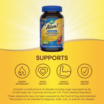 Nature's Way Alive! Zero Sugar Men's Gummy Multivitamins, Energy Metabolism, Muscle Function, B-Vitamins, No Sugar Alcohols, Plant-Based Sweeteners, Peach Flavoured, 80 Gummies