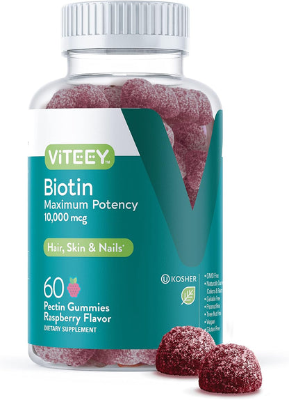 Viteey Biotin Gummies – 10,000 mcg – 120 Gummies | Vegan Hair, Skin & Nails Supplement